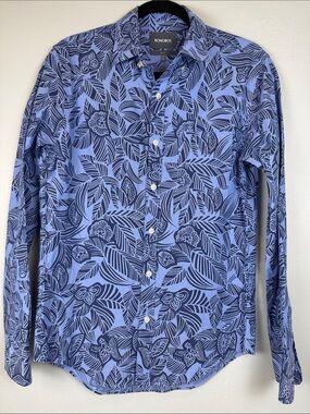 Bonobos Men’s Slim Fit Blue Botanical Leaf Print Button Down Shirt - Small EUC